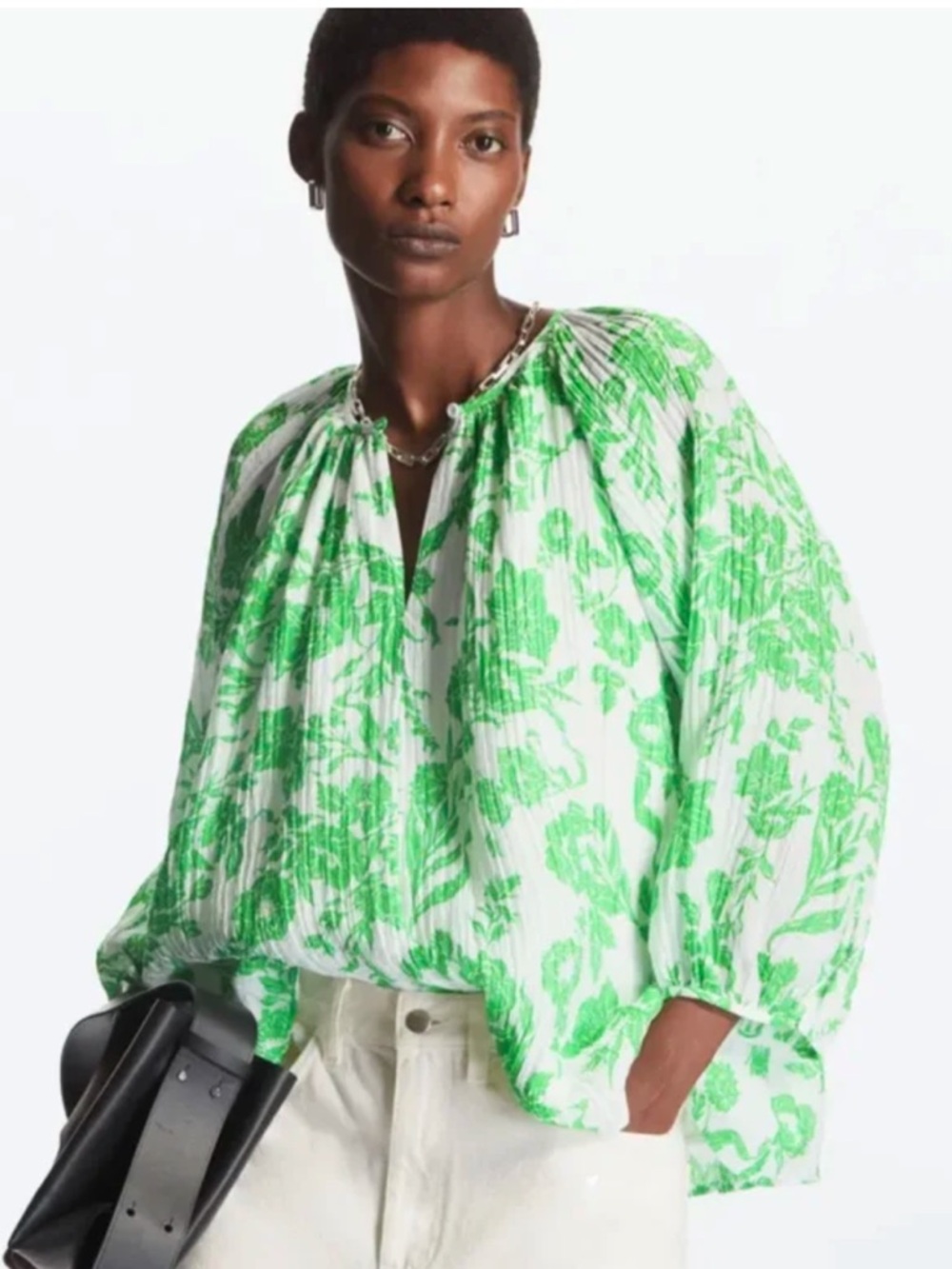 COS Puff-Sleeve Seersucker Blouse floral sz 10